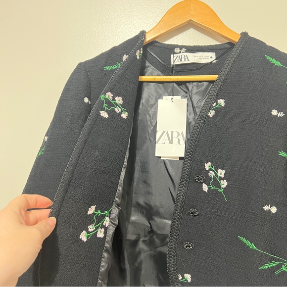 Zara Floral Embroidered Black Blazer Jacket Small Preppy Casual Dark Academia - Picture 6 of 13